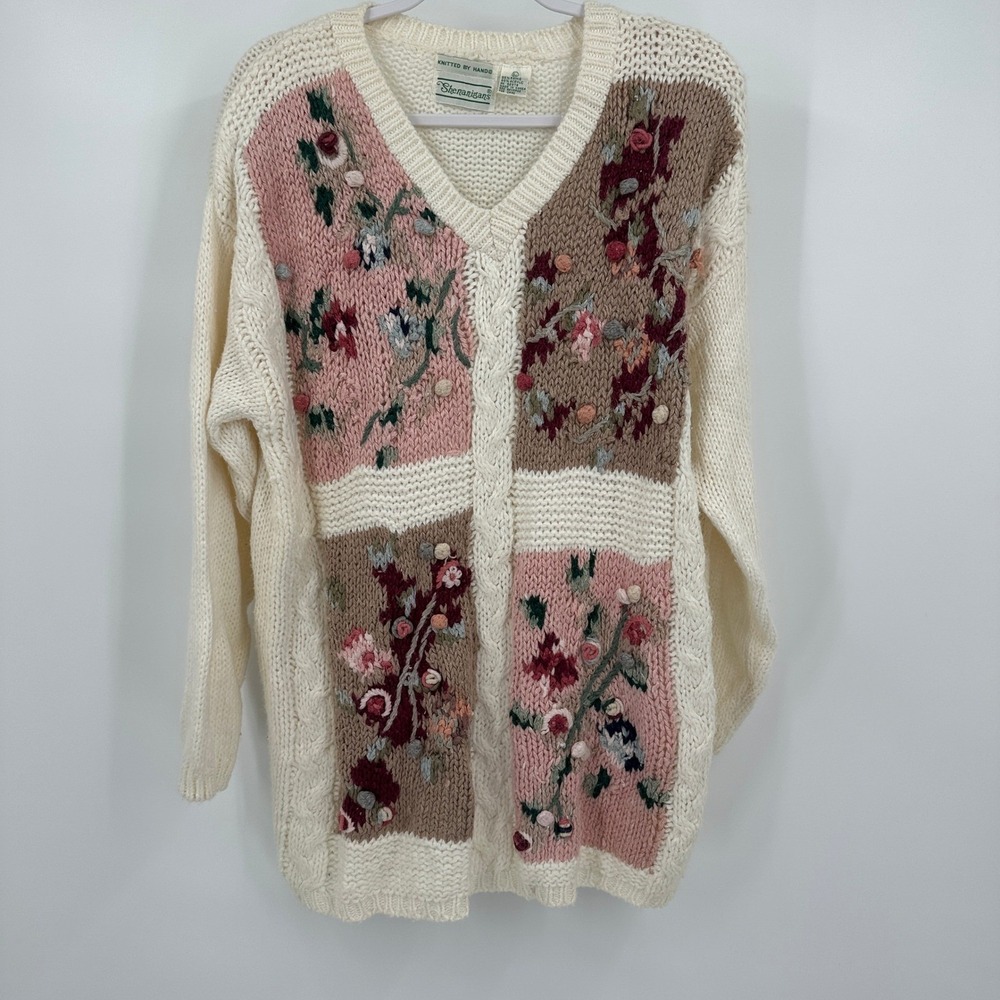Womens Vintage Hand Knitted Shabby Chic Sweater Size L Floral Cottage Popcorn